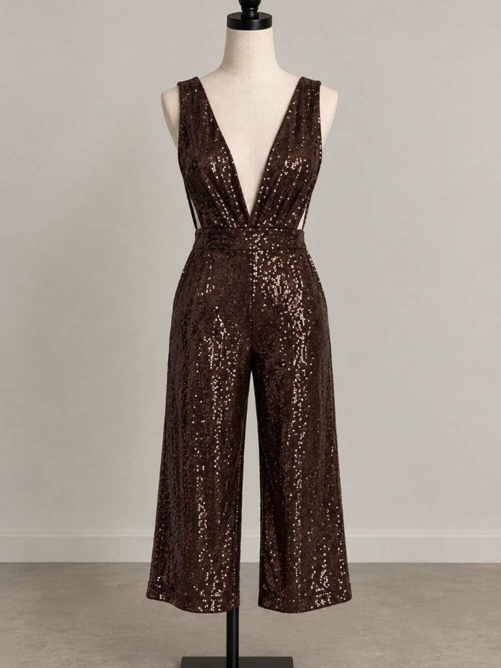 Line & Dot Brown Sequin Wide Leg Jumpsuit XS Deep V Neck Holiday Party REVOLVE - Picture 15 of 15